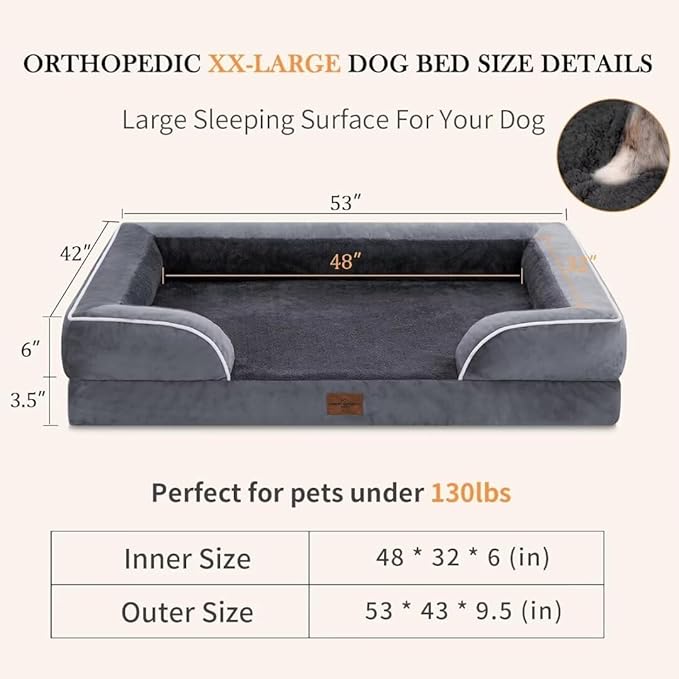 Comfort Expression Waterproof Orthopedic Foam Dog Beds, XXL Orthopedic Dog Beds for Extra Large Dogs, Washable Pet Sofa Bed with Removable Cover & Non-Slip Bottom(XX-Large,Dark Grey)