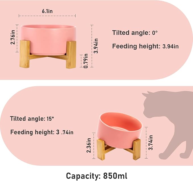 SPUNKYJUNKY 15° Slanted Ceramic Dog and Cat Bowl with Wooden Stand, Tilted Bulldog Food and Water Bowl No Slip Non-Spill for Cats Medium Dogs Big Face Pets 28.7 OZ (3.6 Cups,Pink)