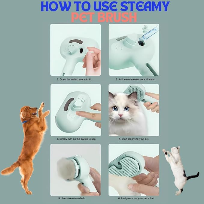 Pet Steam Brush for Cats Dogs, 3-in-1 Cat Grooming Tool with Water Spray and Quick Hair Release Button, Hair Removal Comb for Shedding, Steamy Brush (White)