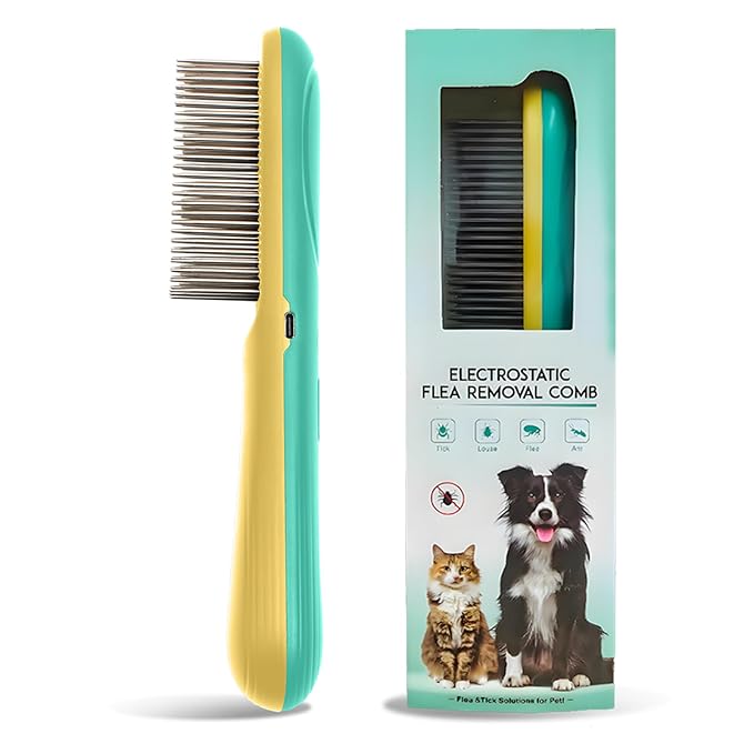 Premium Flea Comb for Dogs & Cats with Long Hair - 3-Row Stainless Steel Detection Tool with Manual Cleaning Brush | Electric Negative Ion Grooming Comb for Shaggy Dogs, Cats and Long-haired Animals