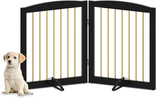 Freestanding Pet Gate for Dogs, Foldable Wooden Dog Gate for House, Stairs, Doorways, Step Over Pet Puppy Safety Fence,Support Feet Included,24" Height 2 Panels, Black&Gold