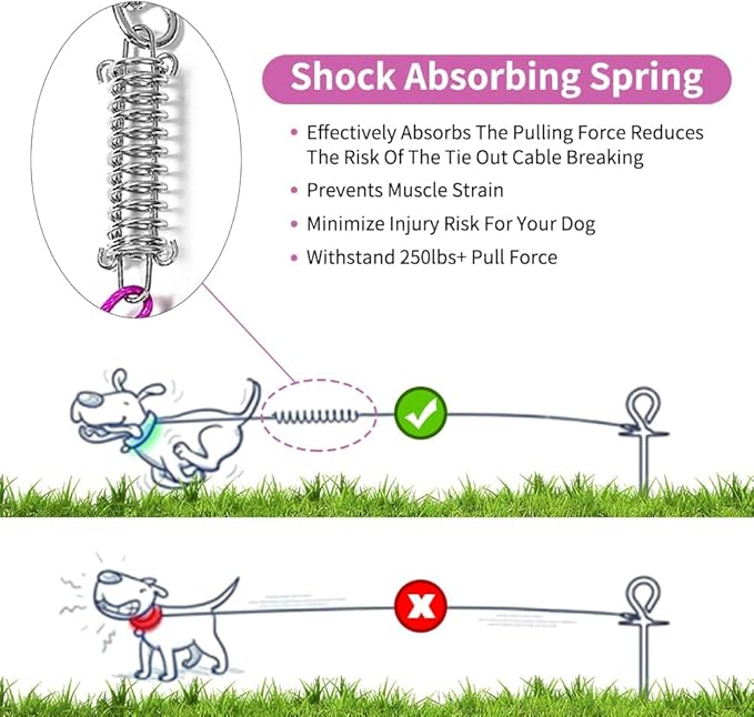 Tie Out Cable for Dog,50FT Dog Leads with Swivel Hook and Shock Spring,Heavy Duty Tie Out Cable for Large Dogs Up to 125lbs,Durable Dogs Runner Tether Line for Outdoor,Yard