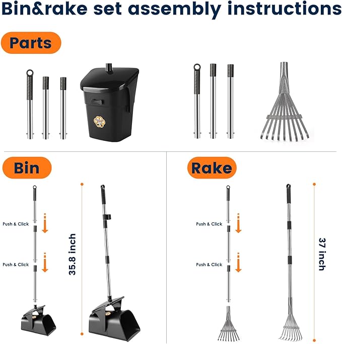 Pooper Scooper for Large Dogs Heavy Duty Swivel Bin & Rake with 20 Waste Bag for Large Medium Small Dogs, Easy to Clean Pet Waste Use on Grass, Dirt, Gravel or Flats