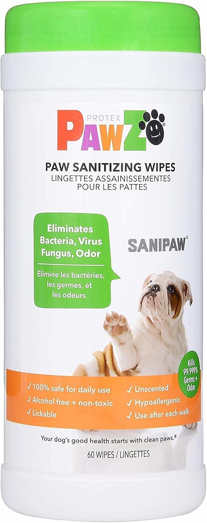 Protex PawZ SaniPaw Odor Eliminating Dog Paw Wipes (60 Wipes) Cleansing Dog Grooming Wipes, Simple & Safe Lickable Ingredients - Paw Cleaner for Dogs, Pet Wipes