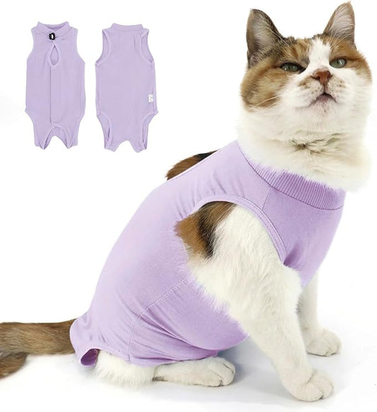 Cat Recovery Suit, Surgical Recovery Clothes for Abdominal Wound or Skin Disease, Cats Onesie After Surgery and Spay, E-Collar Alternative Pajama Suit (Purple, Medium)