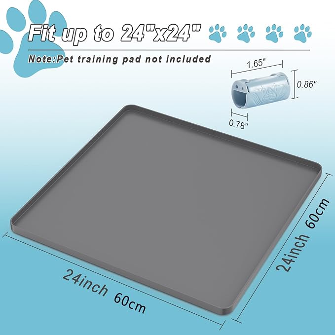 Pee Pad Tray Holder for Dog,Silicone Dog Puppy Pad Holder,24" x 24" No Spill Raised Lip High Edge Leak-Proof Mat Holder for Training Pads,Square Potty Trays for Floor Protection Complimentary 6 Clamps