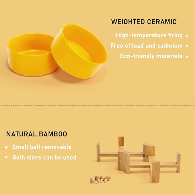 SPUNKYJUNKY 15° Slanted Ceramic Dog and Cat Bowl with Wooden Stand, Tilted Bulldog Food and Water Bowl No Slip Non-Spill for Cats Medium Dogs Big Face Pets 28.7 OZ (3.6 Cups, Yellow × 2)
