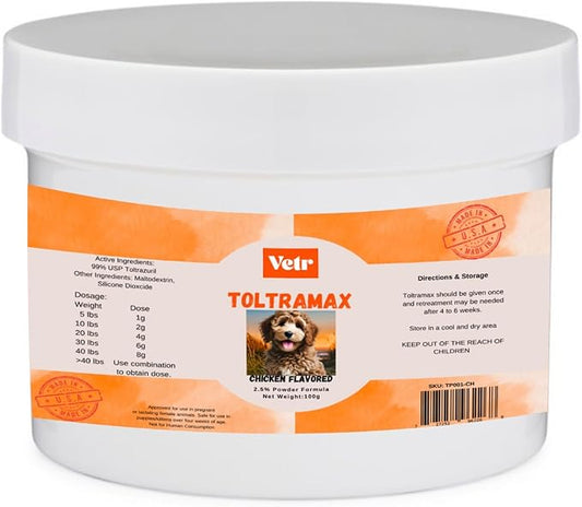 Vetr's Toltramax Toltrazuril Powder for Horses, Dogs, Cats, 100g (2.5%, Chicken)