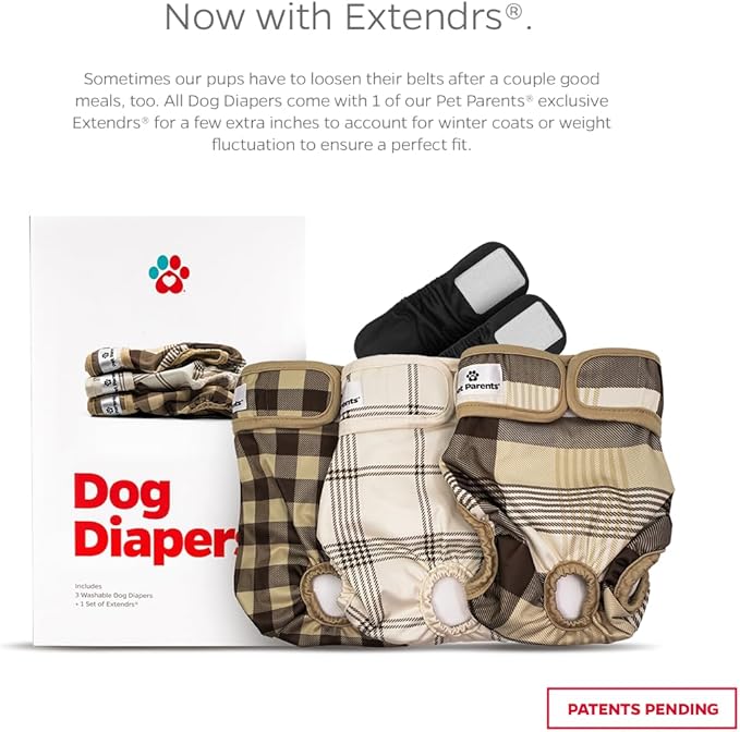 Pet Parents® Washable Dog Diapers (3pack) + Extendrs® of Durable Doggie Diapers, Premium Dog Diapers Female & Male (Small, Oxford)