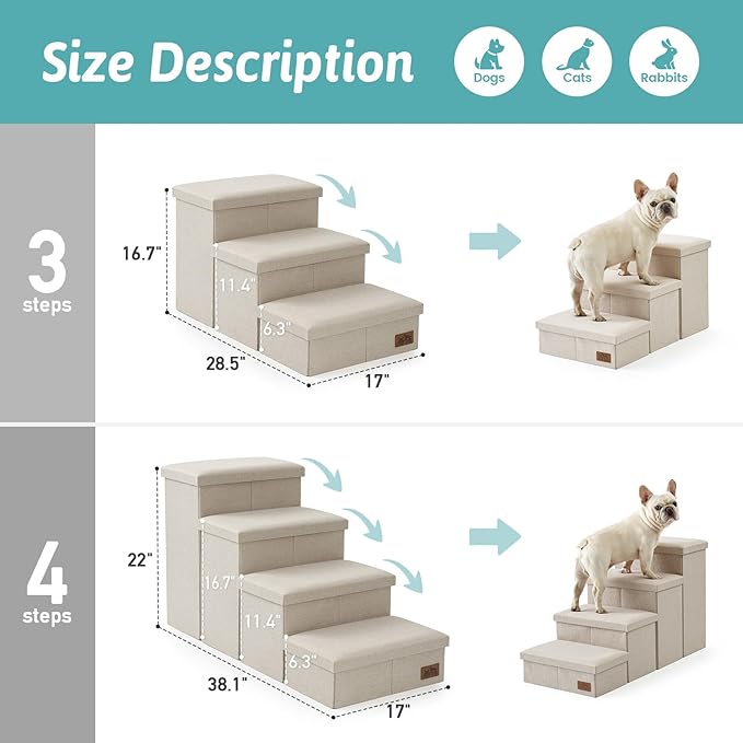 Dog Stairs with Storage, 3-Step Wider Sturdy Dog Steps for Small/Medium/Large Dogs and Older Cats, Folding Doggie Ramp for Bed/Couch/Car Hold Up to 180 lbs (16.7" H, Beige)