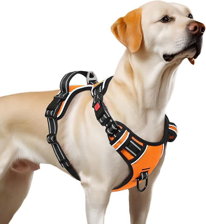 Timos Dog Harness Large Sized, No Pull with Neck Lockable Snap,No Choke Front Clip Dog Reflective Harness,Adjustable Metal Rings 3 Buckles,Easy Control Handle for Large Dogs Orange XL