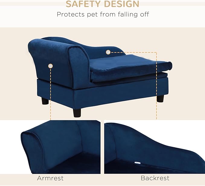 PawHut Luxury Fancy Dog Couch with Hidden Storage, Small Dog Sofa Bed with 2" Soft Foam, Modern Pet Furniture for Puppies & Little Breeds, Blue