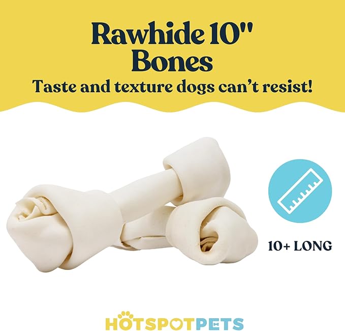 hotspot pets 10 Inch Large Rawhide Dog Bones - Made from Grass Fed Cows - Long Lasting Chews Great for Dental & Oral Care - Bones for Aggressive Chewers & Large Dogs (10 Inch - 4 Count)
