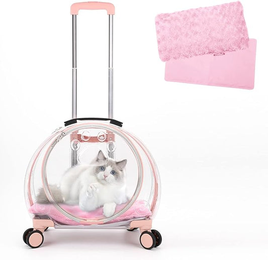 Transparent & Fully Breathable Hard cat Carrier with Rolling Wheels for Dogs, Cats, Multiple Carrying Options, Perfect for Traveling/Taking a Walk