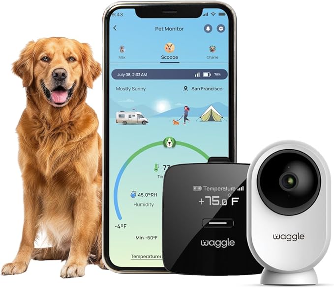 Waggle RV/Dog Temperature Monitor (GPS) & Pet Camera Bundle for RVs - Portable WiFi Cam (128GB) with Motion Alert & Remote Access | Watch Pets While Travelling
