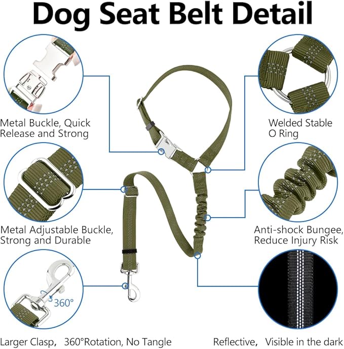 Plutus Pet Dog Seat Belt for Car Headrest, Reflective and Adjustable Restraint with Elastic Bungee for Safety, Vehicle Seatbelt Harness for Small Medium Large Dogs and Cats, Ranger Green