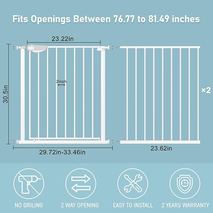 WAOWAO Triple Lock Baby Gate Extra Wide 76.77-81.49" Pressure Mounted Walk Through Swing Auto Close Safety White Metal Dog Pet Puppy for Stairs,Doorways,Kitchen
