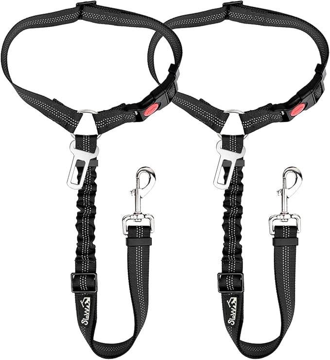 SlowTon Dog Seat Belt for Car, 2 Pack Dog Car Harness Seatbelt Adjustable with Elastic Bungee Buffer, 2 in 1 Pet Car Leash Headrest Restraint Dog Reflective Safety Tether (Black, Headrest+Clip)