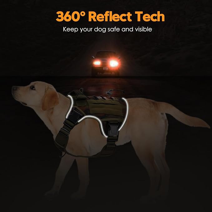 Heavy-Duty Tactical Dog Harness for Large Dogs, No Pull Adjustable Reflective Pet Vest with Molle System, K9 Military-Grade Control for Service Training, Outdoor & 10+ Breeds, Green Camo, Large