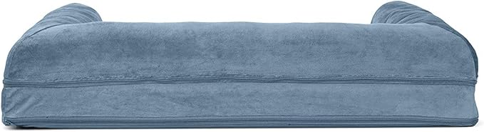 Furhaven Cooling Gel Dog Bed for Large/Medium Dogs w/ Removable Bolsters & Washable Cover, For Dogs Up to 55 lbs - Faux Fur & Velvet Sofa - Harbor Blue, Large