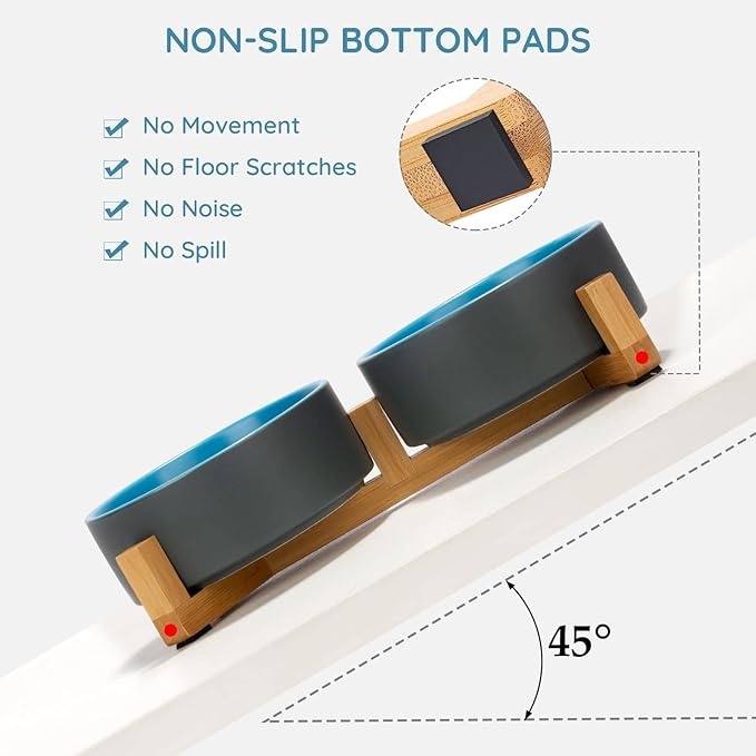 SPUNKYJUNKY Ceramic Dog and Cat Bowl Set with Wooden Stand, Modern Cute Weighted Food Water Set for Small Size Dogs (13.5OZ) & Medium Sized Dogs (28.7OZ) & Cats (1.7 Cups, 2 × Blue-Grey)