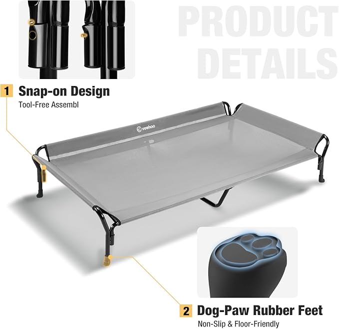 Veehoo Cooling Elevated Dog Bed, XL Raised Pet Cot with Guardrail & Slope Headrest, Durable Breathable Teslin Mesh, Non-Slip Feet, Washable Dog Couch Bed for Indoor & Outdoor, 50.5" x 33.5, Gray