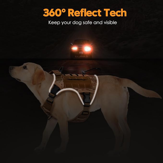 Heavy-Duty Tactical Dog Harness for Large Dogs, No Pull Adjustable Reflective Pet Vest with Molle System, K9 Military-Grade Control for Service Training, Outdoor & 10+ Breeds, Khaki Camo, X-Large