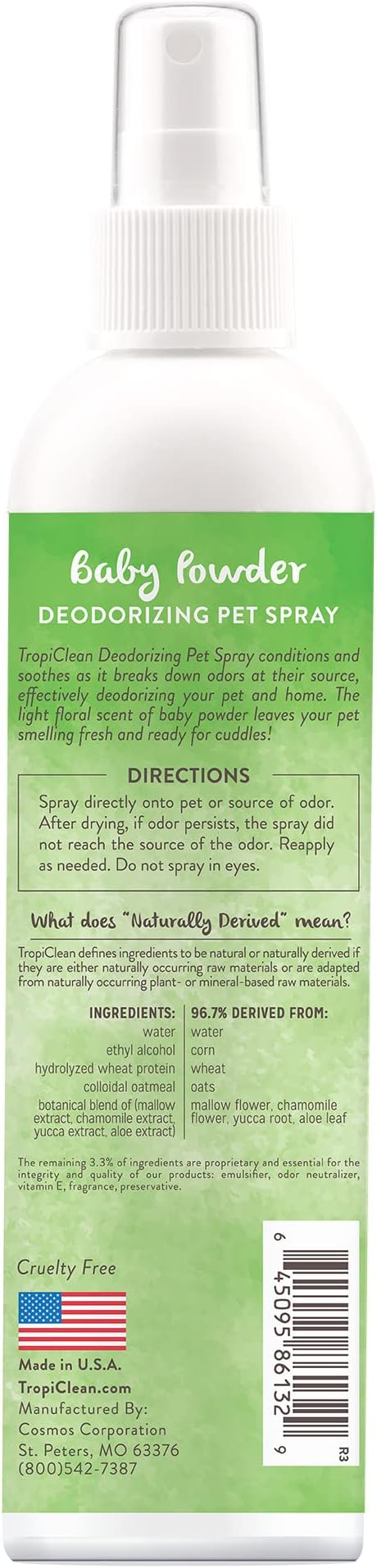 TropiClean Dog Perfume, Long Lasting Baby Powder Cologne, Deodorizing Spray for Smelly Dogs, After Bath Detangling Spray with Vitamin E, Safe for Cats, 8oz.