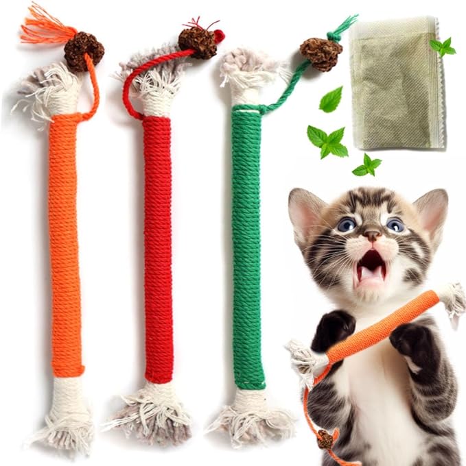 Kitten Toys, Cat Chew Toy for Indoor Cats, Catnip Toys for Teeth Cleaning, Interactive Cat Nip Teething Rope Toys for Cats Kitty, 3 Pack (Include 1 Pack of Catnip)