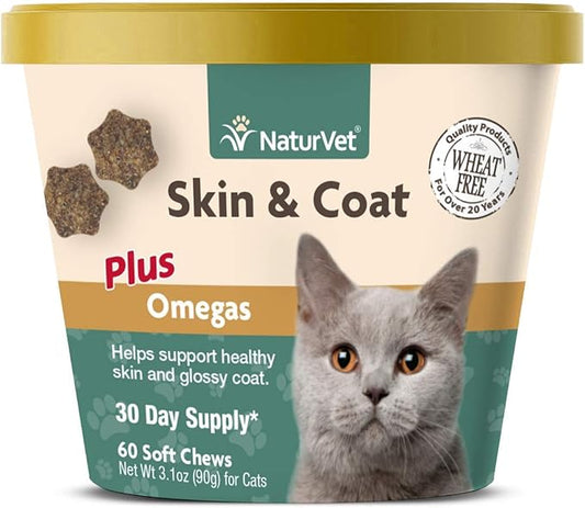 NaturVet – Skin & Coat Plus Omegas for Cats – 60 Soft Chews | Supports Healthy Skin & Glossy Coat | Enhanced with Omega-3, Omega-6 & Biotin | 30 Day Supply