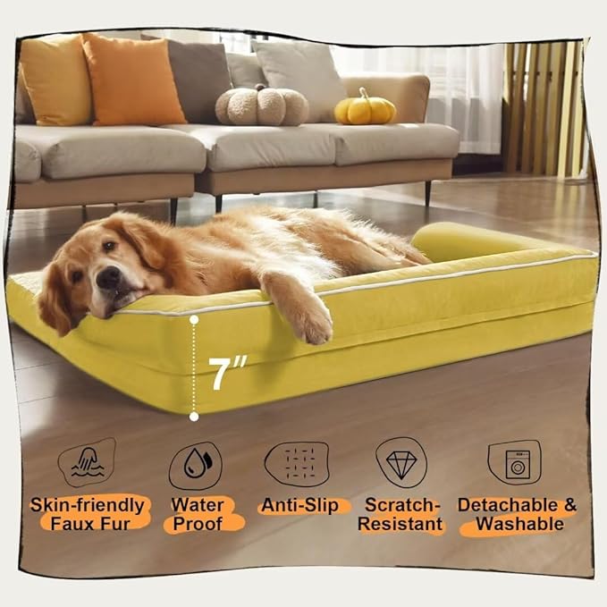Large Dog Bed Orthopedic Washable - Couch Sofa - XL Large Big Dogs - Beds Bolster Pet - Memory Foam - Waterproof with Removable Cover - Ginger Yellow Dog Bed