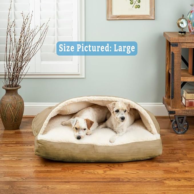 Snoozer Rectangle Cozy Cave Dog Bed - Indoor Dog Bed with Cover Cave, Covered Calming Burrow for Medium & Large Sized Pets with Blanket Attached, Enclosed, Washable - Large, Khaki