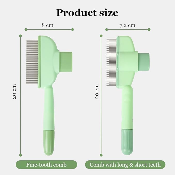 Pet Comb for Cats & Dogs, One-Touch Hair Release Button, Dense-Tooth & Mixed-Length Teeth 2-Piece Set, for Long & Short Hair, Gentle Pain-Free Design (Green)