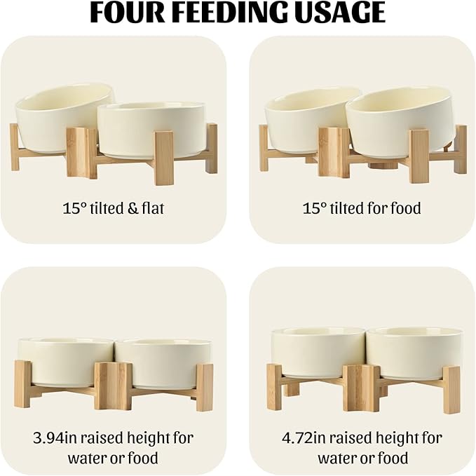 SPUNKYJUNKY 15° Slanted Ceramic Dog and Cat Bowl with Wooden Stand, Tilted Bulldog Food and Water Bowl No Slip Non-Spill for Cats Medium Dogs Big Face Pets 28.7 OZ (3.6 Cups, Beige × 2)