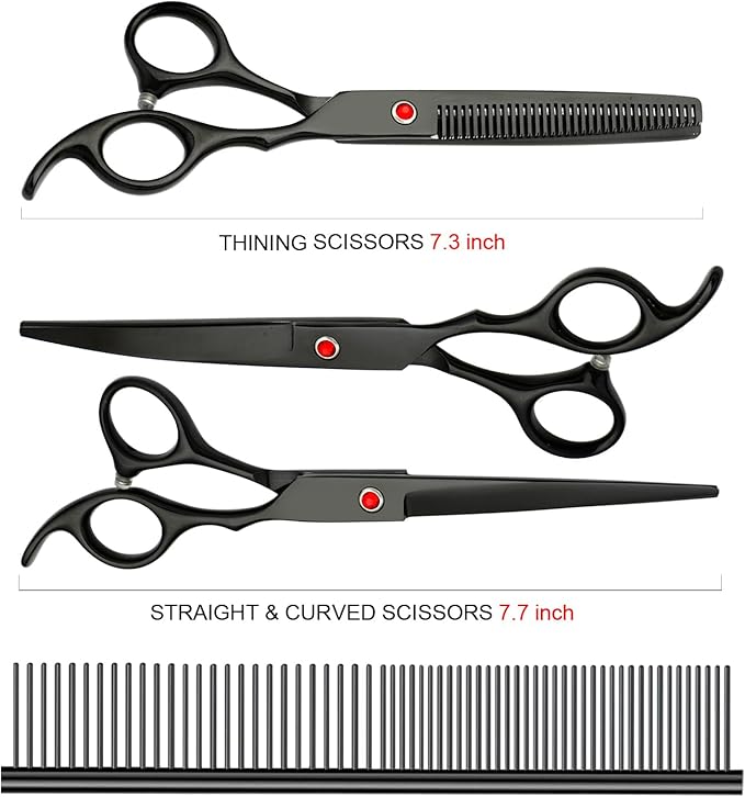 Professional Dog Grooming Scissors Set Stainless Steel Dog Grooming Kit - Thinning, Curved Scissors and Comb for Dog Cat Pet (Black 5 in1)
