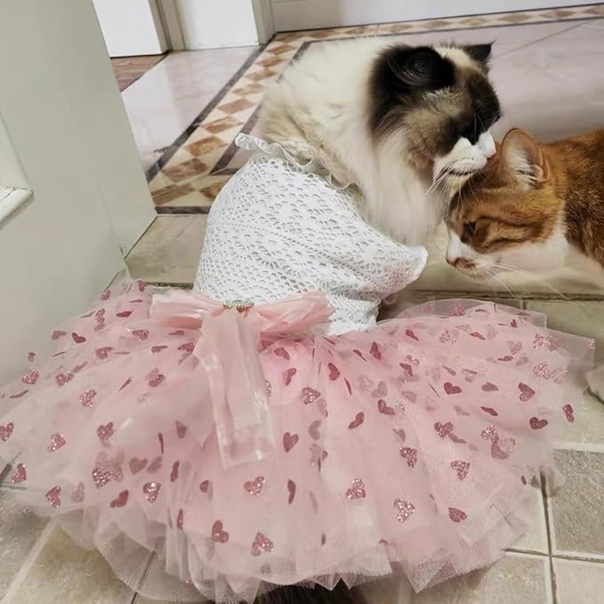 Dog Princess Dress with Heart Patterns & Bow Puppy Clothes for Small Dogs Girl Fancy Cat Birthday Outfit Pet Wedding Dresses(Pink White, Large)