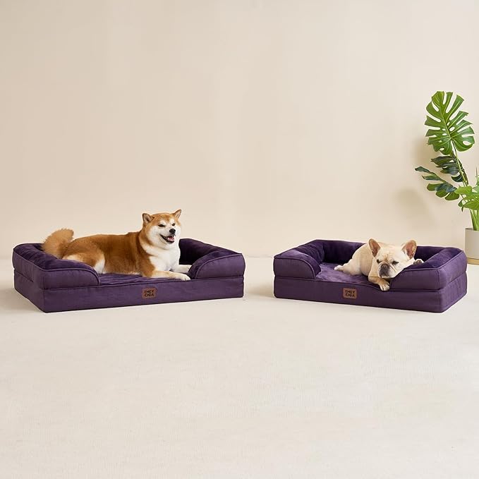 EHEYCIGA Orthopedic Dog Beds for Large Dogs, Waterproof Memory Foam Large Pet Bed with Sides, Non-Slip Bottom and Egg-Crate Foam Dog Couch Bed with Washable Removable Cover, Purple
