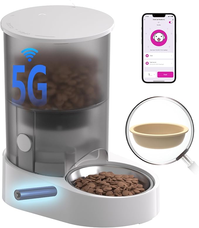 PAPIFEED Automatic Cat Feeder, 4L Auto Dog Cat Feeder with Rechargeable Battery & Dual-Band WiFi (2.4G & 5G), Automatic Pet Food Dispenser for Outdoor Travel Home - Ceramic Bowl Included