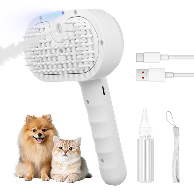 REIKIYA Cat Steam Brush,4-in-1 Spray Hair Removal Dog Brush for Shedding & Grooming with UV Light, Anti-Static Pet Spray Comb with One-Click Release Button