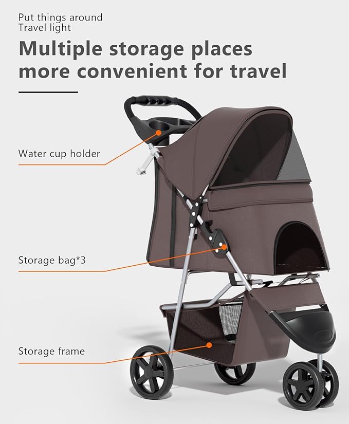 Pet Stroller with 3 Wheels for Small/Medium Pets, Portable Travel Foldable Carrier Jogger for Dog Cat Puppy Kitty, Rear Wheel Breaks, Storage Basket, Visible Mesh with Weather Cover (Coffee)