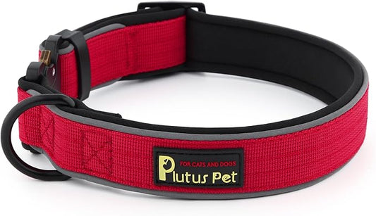 Plutus Pet Tactical Dog Collar, Reflective, Adjustable Heavy Duty Dog Collar, Soft Padded and Comfortable, for Small Medium and Large Dogs (Red, M)