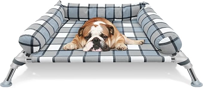 Elevated Raised Dog Bed Cot - Cooling Dog Bed with Pillows, Portable Washable Pet Cot with Metal Frame for Indoor & Outdoor Use