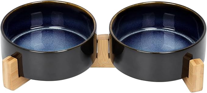 SPUNKYJUNKY Ceramic Dog and Cat Bowl Set with Wooden Stand, Modern Cute Weighted Food Water Set for Small Size Dogs (13.5OZ) & Medium Sized Dogs (28.7OZ) & Cats (1.7 Cups, 2 × Starry Blue)