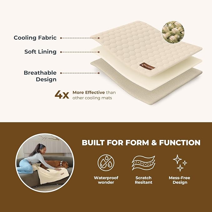 Dog Cooling Mat- Ice Silk Summer Comfort, Self Cooling, Non-Slip Dog Pad, Durable & Washable, Mat for Large Dogs 65x95 cm, Support Shelter Dogs with Every Purchase (Beige)