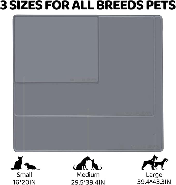 KVK Extra Extra Large Silicone Dog Food Mat 39.4×43.3in and 128oz Silicone Bag Set, Super Size Waterproof Pet Feeding Mat & Container, Non-Slip, Chew-Resistant Floor Protection (Cool Grey&Teal)