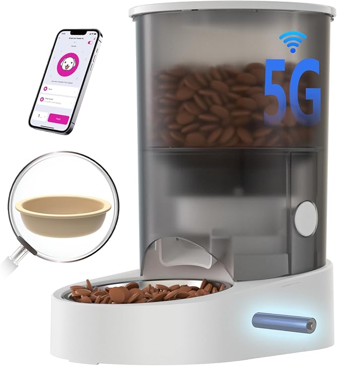 PAPIFEED Automatic Cat Feeder, 4L Auto Dog Cat Feeder with Rechargeable Battery & Dual-Band WiFi (2.4G & 5G), Automatic Pet Food Dispenser for Outdoor Travel Home - Ceramic Bowl Included