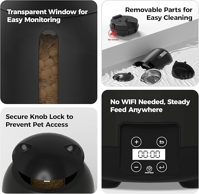 PAPIFEED Automatic Cat Feeder, 3L Timed Cats Food Dispenser with Dual Power Supply, Auto Pet Feeder with Programmable Portion Control for Cats and Small Dogs, Black