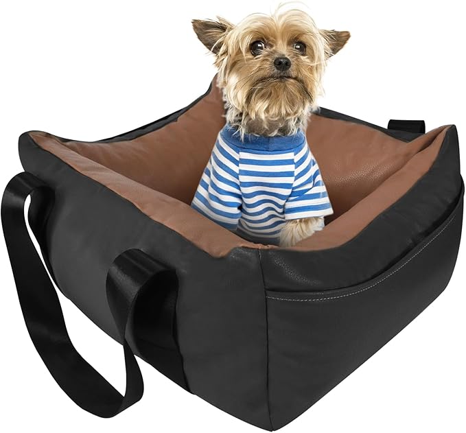 Dog Car Seat for Small Dogs, Large Leather Dog Car Bed with Storage Pocket, Waterproof PVC Leather Booster Seat Travel Bed for Front & Back Seat, Clip-On Safety Leash (Black/Brown)