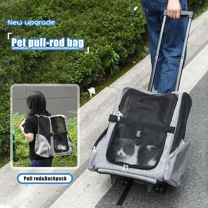 Pet Trolley Bag Cat Dog Travel Bag Portable & Breathable Pet Carrier Backpack - Lightweight Dual-Shoulder Design for Easy Travel with Your Beloved Companion Scalable Pull Rod pet Bag (Black)