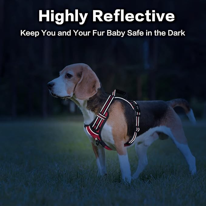 PoyPet No Pull Dog Harness, No Choke Front Clip Reflective Dog Vest with Soft Padded Vertical Handle, 3 Leash Attachments for Small Medium Large Dogs (Red,M)